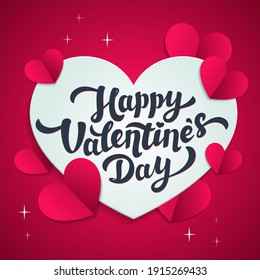 Happy Valentine's day greeting card - love day vector card or poster with hearts in paper cut style. Vector illustration