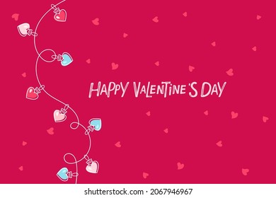 Happy Valentine's Day greeting card with garland bulbs in hearts shapes on hearts red background. Hand Drawn letterimg, Linear glow light lamp. Flat Vector illustration. Typography and Lettering.