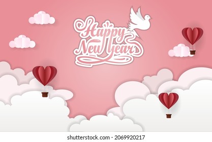 Happy Valentine's Day greeting card design. Holiday banner with hot air heart balloon. Paper art and digital craft style illustration