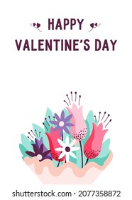 Happy Valentine's day. Greeting card for February 14 with a beautiful bouquet of flowers. Vector hand drawn illustration