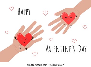 Happy Valentines Day greeting card. Man and woman holding out hands with funny cute hearts to each other. Vector Valentine illustration.
