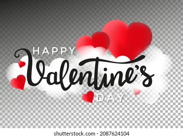 Happy Valentine's day greeting card with realistic red hearts, white clouds and pastel pink background. 14 February design template for banner, web, brochure, flyer, cover. Vector illustration
