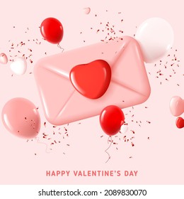 Happy Valentine's Day greeting card. Holiday decoration design with abstract 3d composition for Valentine's Day. Vector illustration with, envelope, hearts, balloons and confetti. Holiday background.