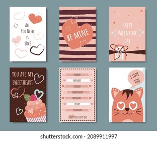 Happy Valentine's day greeting card set with 6 cute templates. Collection perfect for posters, gift tags, labels, flyers, invitations. Vector illustration