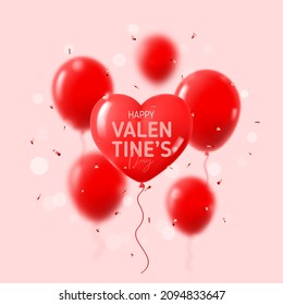 Happy Valentine's Day greeting card. Holiday decoration design with abstract 3d composition for Valentine's Day. Vector illustration with red balloons and confetti on pink background. Holiday banner.