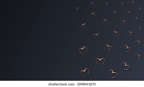 Happy Valentines day greeting card. Gold heart on dark blue, navy background. Golden blank holiday poster. Concept for Valentines banner, flyer, sale, party invitation. Vector illustration. copy space