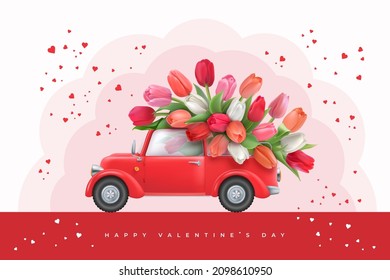 Happy valentine's day greeting card with delicate tulips  in retro pickup truck on a clouds backdrop with hearts. Vector illustration svg