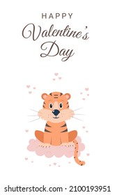 Happy Valentine's day greeting card with cute tiger, cloud, hearts and text. Vector carton illustration in flat style.
