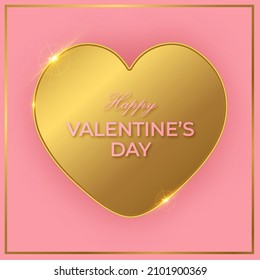 Happy Valentine's Day greeting card with big golden heart on pink background. Vector illustration.