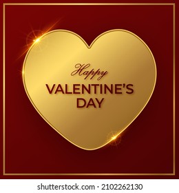 Happy Valentine's Day greeting card with big golden heart on red background. Vector illustration.