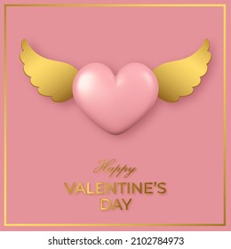 Happy Valentine's Day greeting card. Pink 3d heart with golden wings on pink background. Vector illustration.