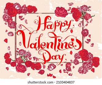 Happy Valentine's Day. Greeting card vector illustration with red and pink roses and falling petals.