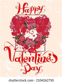 Happy Valentine's Day. Greeting card vector illustration with red and pink roses and falling petals in the shape of a heart wreath.