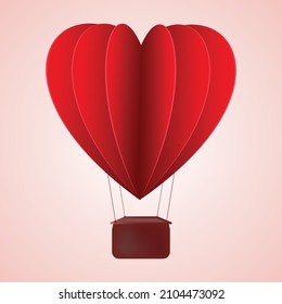 Happy Valentine's Day greeting card design. Holiday banner with hot air heart balloon. Paper art and digital craft style illustration