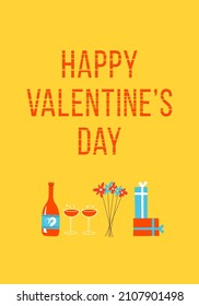 Happy Valentine's day greeting card design. Gifts, flowers and shmpoo. Vector flat illustration.