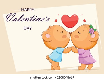 Happy Valentines day greeting card with two bears kissing. 
