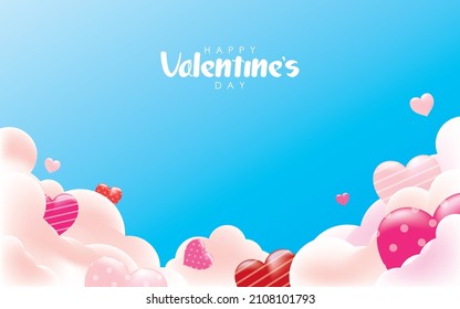 Happy Valentine`s Day Greeting Card with Cloud and Hearts on Blue Sky Background Illustration Vector Design.