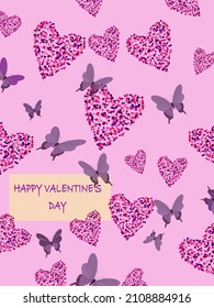 Happy Valentine's Day greeting card. Delicate tones. Background of hearts and beautiful butterflies. Love concept. Declaration of love.