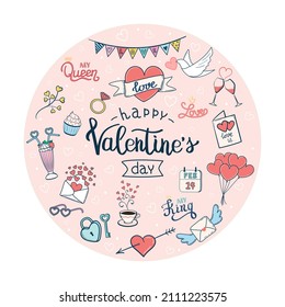 Happy Valentine's Day greeting card with lettering and hand drawn elements. in circular shape. Vector illustration