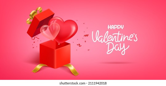 Happy Valentines Day Greeting card with gift box and lettering inscription. 3d vector illustration