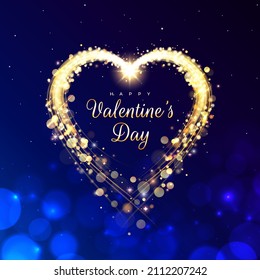Happy valentines day greeting card. Golden heart. Holiday banner. Bokeh valentine background. Gold particle frame. Sparkling heart copy space for text night starry sky background. Vector illustration