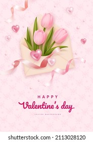 Happy valentines day greeting card with realistic envelope and tulips. Vector illustration