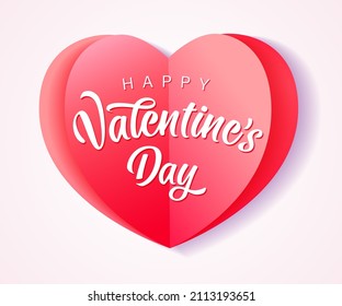 Happy Valentine's Day greeting card concept. Paper 3D style pink colored heart shape icon with decorative calligraphic lettering. Isolated abstract graphic design template. Creative modern congrats. 