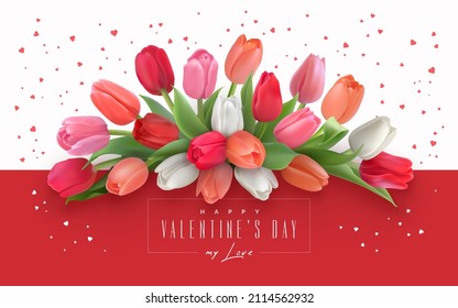 Happy valentine's day greeting card with bouquet of delicate tulips on a white and red backdrop with red hearts