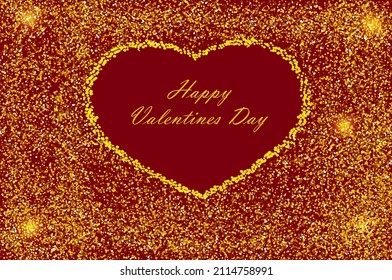 Happy valentine's day greeting card with gold sparkles laid out in a heart shape on a burgundy background. Beautiful template for design, holiday card, banner, poster.
