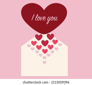 Happy Valentines Day greeting card. On a pink background, a white envelope from which hearts fly out and the inscription I love you.