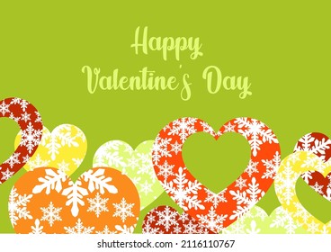 Happy Valentine's day. Greeting card with hearts and snowflakes. Spring colors