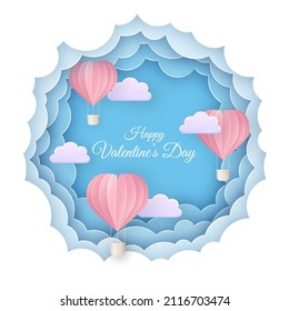 Happy Valentine's Day. Greeting card in paper cut style. Paper balloons and 3d clouds on a blue sky background. Vector illustration.