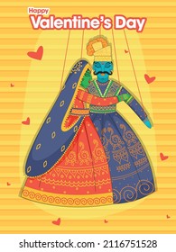 Happy Valentine's Day Greeting Card With Rajasthani Puppet Couple String On Yellow And Orange Stripe Pattern Background.