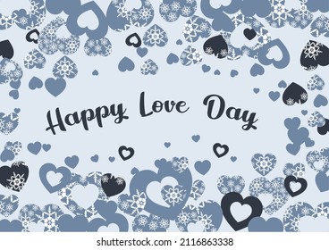 Happy Valentine's day. Greeting card with hearts and snowflakes. Trend colors 2022.