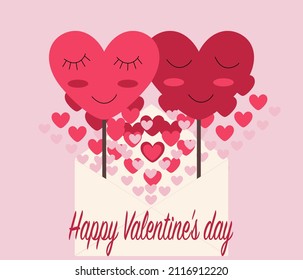 Happy Valentine's Day greeting card. Two hearts on a stick with eyes and cheeks shy and in love fly out of an envelope on a pink background. Vector image.