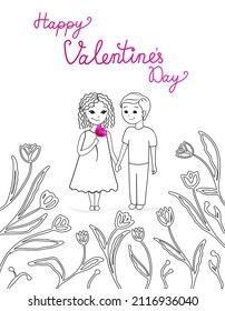 Happy Valentine's day greeting card with lettering. Cute hand-drawn love couple with holding hands and flowers in line art style