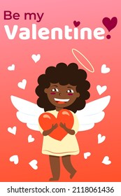 Happy Valentine's Day greeting card. Holiday congratulations. Baby girl cupid angel with wings. Pink and red gradient background. Cartoon style. Cute and funny.Little white hearts