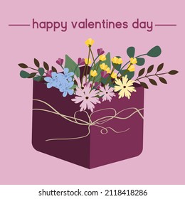 Happy Valentine's Day greeting card. 
Wildflowers in a gift box.Suitable for social media posts, mobile apps, banners design and web internet ads. Vector fashion backgrounds.