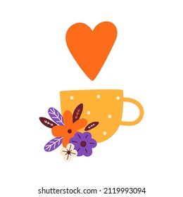 Happy Valentines day greeting card. Love potion. Mug with tea or coffee. Be my Valentine. Cup with red heart and flowers. Romantic breakfast. Cappuccino. Hand drawn illustration in Scandinavian style