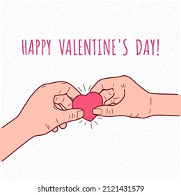 Happy Valentine's Day greeting card. Two hands holding heart together. Vector illustration.