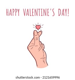 Happy Valentine's Day greeting card. Korean love sign. Korea finger heart. Vector illustration.