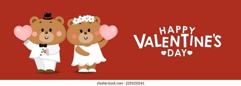 Happy Valentine's day greeting card with cute bear and pink heart in red background. Animal in love holidays cartoon character. - Vector