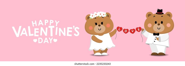 Happy Valentine's day greeting card with cute bear and red heart in pink background. Animal in love holidays cartoon character. - Vector