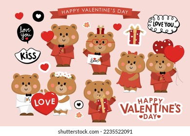 Happy Valentine's day greeting card with cute bear in red and white costumes, heart, gift and balloon. Animal in love holidays cartoon character. - Vector