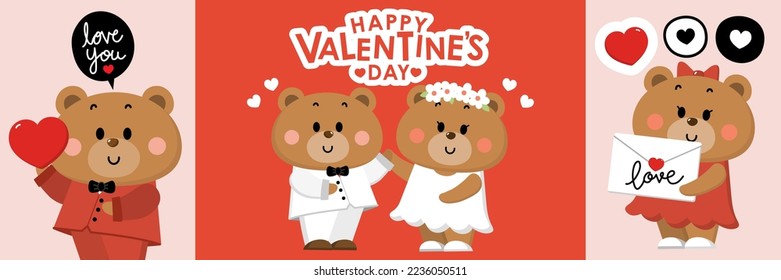 Happy Valentine's day greeting card with cute bear in red and white costumes and heart. Animal in love holidays cartoon character. - Vector