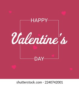 Happy Valentine's Day greeting card on Viva Magenta color background with pink hearts and white frame. Postcard, background. white lettering