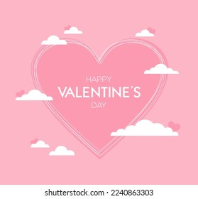 Happy Valentine's Day greeting card. Heart and clouds on a pink background. Flat vector illustration