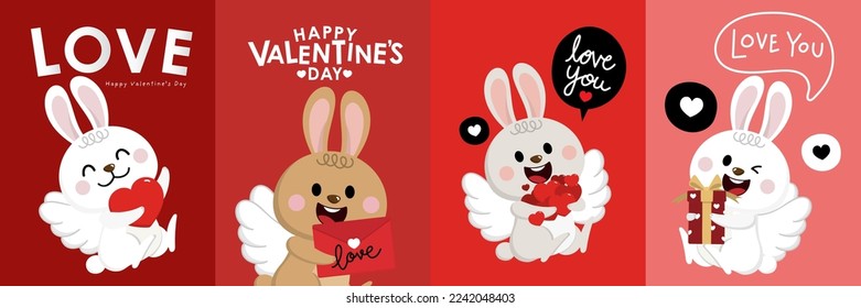 Happy Valentine's day greeting card with cute rabbit in cupid wings costume, heart and gift.  Animal in love holidays cartoon character. - Vector