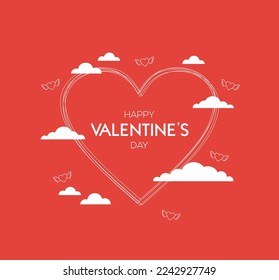 Happy Valentine's Day greeting card. Big heart with text inside, flying winged hearts and clouds on a red background. Flat vector illustration