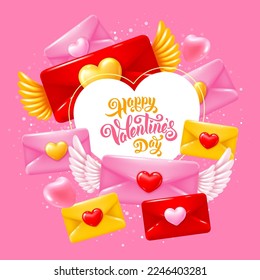 Happy Valentines Day Greeting Card With Valentines. Postal envelopes with wings and hearts in minimalist glossy plastic style. 3D Vector illustration EPS10